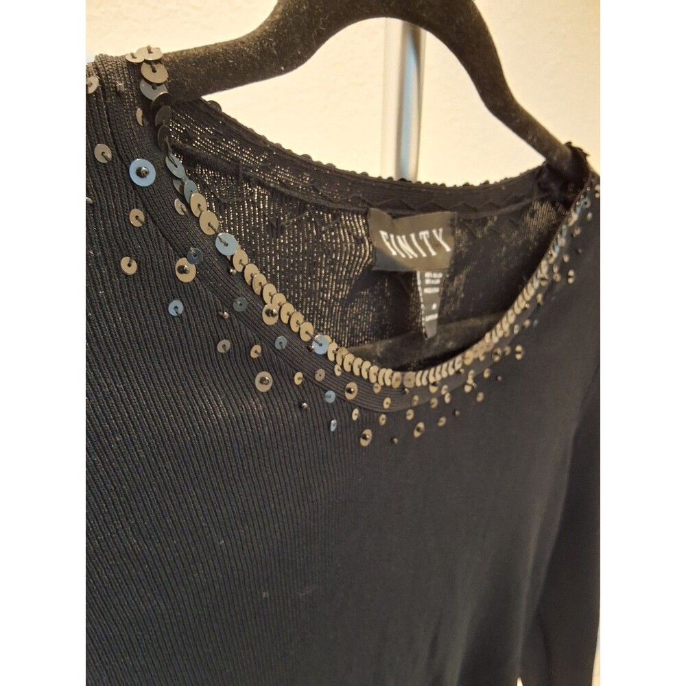 FINITY Size M Vintage Black 3/4 Sleeve Stretchy Top Sequin Neckline Womens Glam